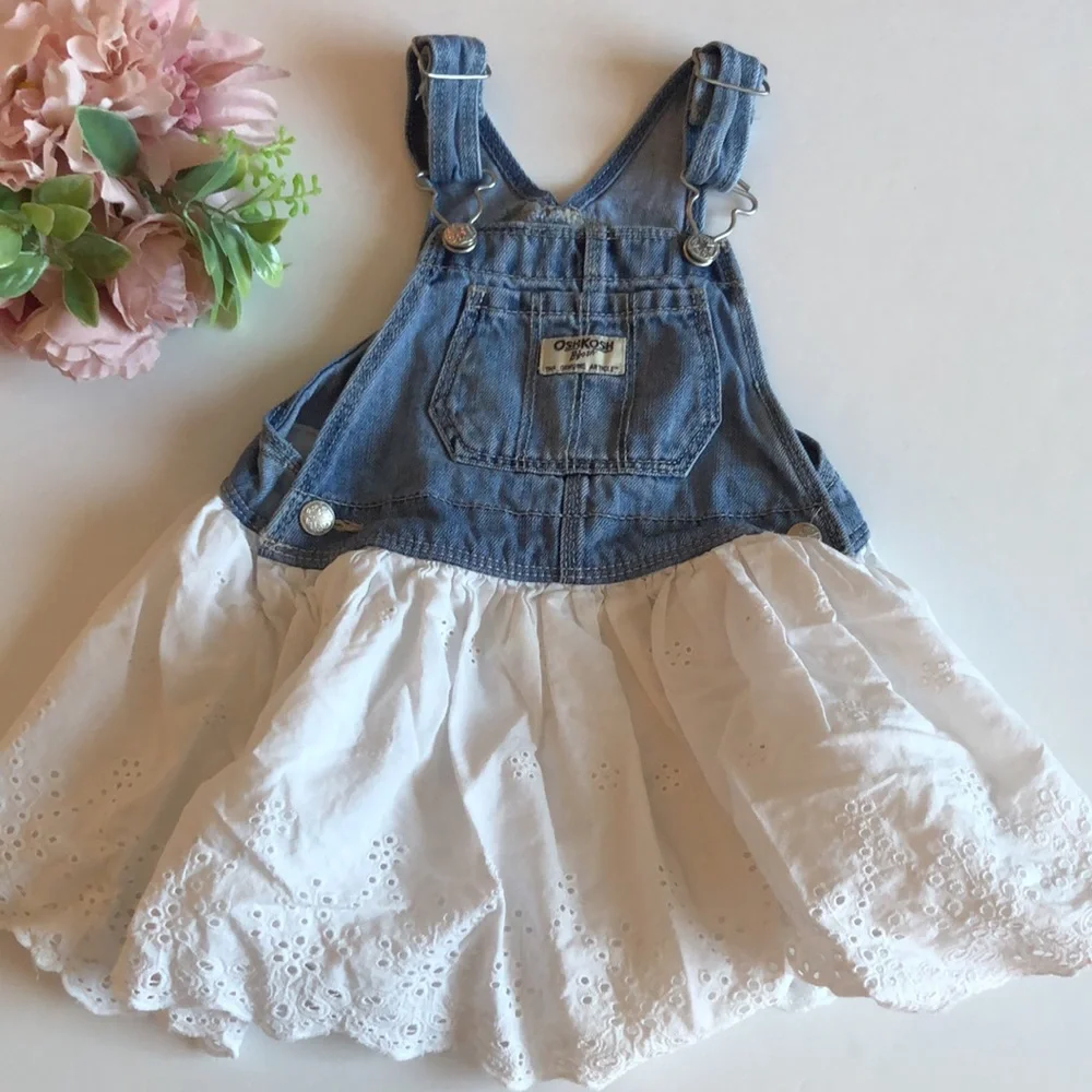 Osh Kosh Girl Bib Overalls Denim Dress Jumper White Eyelet Lace skirt 24M